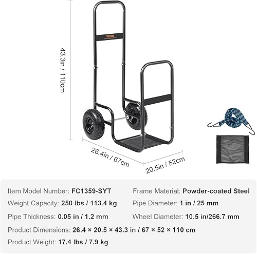 Miniatura 7 de VEVOR Carrito de leña para leña, capacidad de carga de 250 libras, para exteriores e interiores, con ruedas de goma neumáticas, transportador de