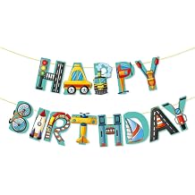 Transportation Happy Birthday Banner, Car Train Helicopter Bicycle Sailboat Rocket Traffic Light Printed Garlands Hanging Banners for Transportation Theme Birthday Party Decorations Baby Shower
