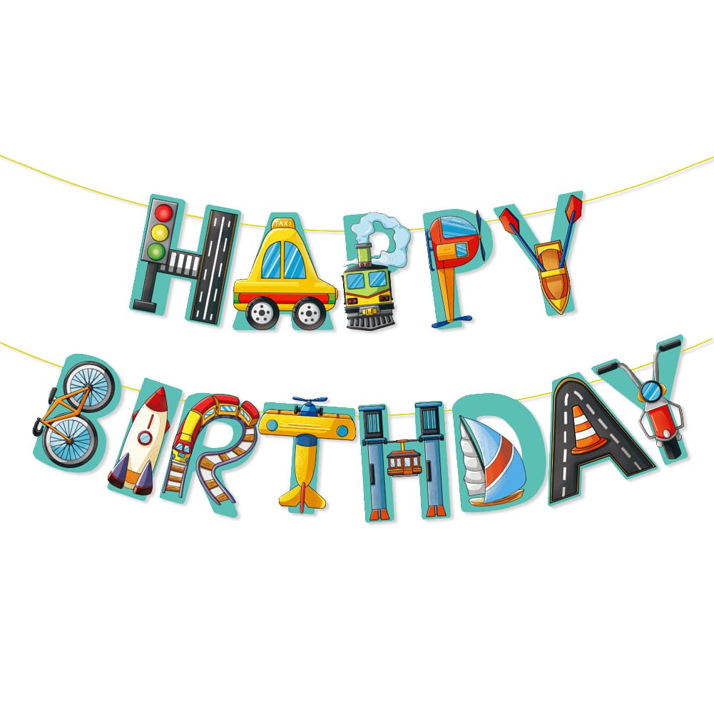 Transportation Happy Birthday Banner, Car Train Helicopter Bicycle Sailboat Rocket Traffic Light Printed Garlands Hanging Banners for Transportation Theme Birthday Party Decorations Baby Shower