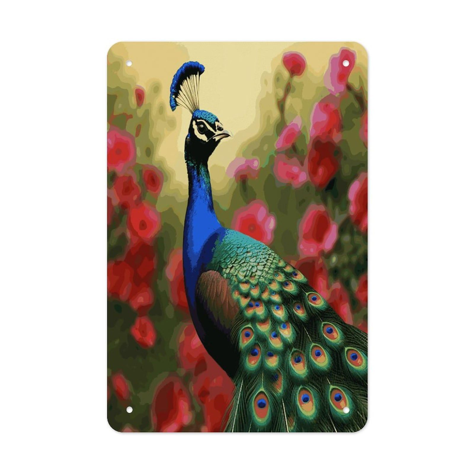 LDGSUPH Peacock Flowers Wall Art Prints Folded Edge Iron Sheet Painting with Holes for Wall Prints Decorative Picture Metal Signboard Decor Painting for Outdoor Indoor Wall Decor