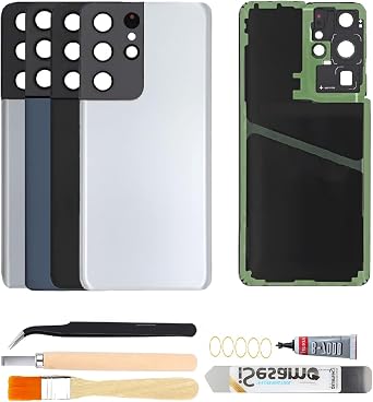 Rear Back Glass Replacement for Samsung Galaxy S21 Ultra with Camera Glass Lens + Adhesive + Repair Tool Kits Phantom Silver