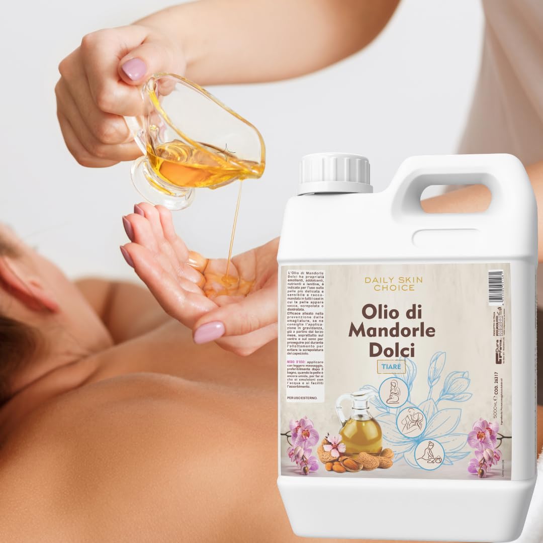 Süßmandelöl mit Tiaré-Duft, 5 l, beruhigendes und pflegendes Körperöl für Massage, nach der Dusche und nach dem Wachsen – Professionelle Größe