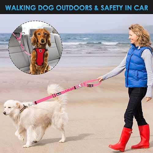 Lukovee Dog Seatbelt Leash For Cars, 2 Pack Pet Safety Seat Belt With Adjustable Buckle & Reflective Bungee, Connect Dog Harness In Vehicle Dogs Restraint Travel Daily Use (Pink