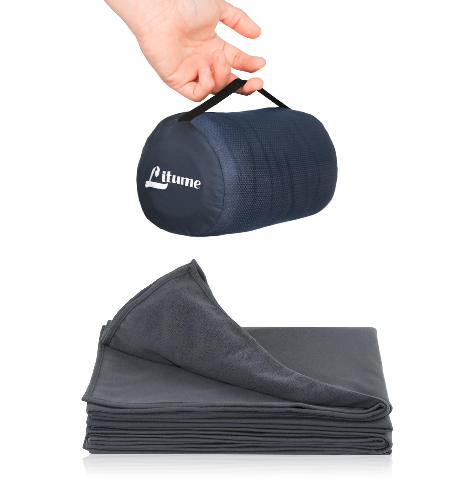 LitumeCompact Fleece Travel Blanket with Stuff Sack, 70x48 Inches, Moisture Wicking and Breathable Airplane Blanket, Foldable Throw for Couch, Car Rides, Train, Camp, Backpacking, Traveling