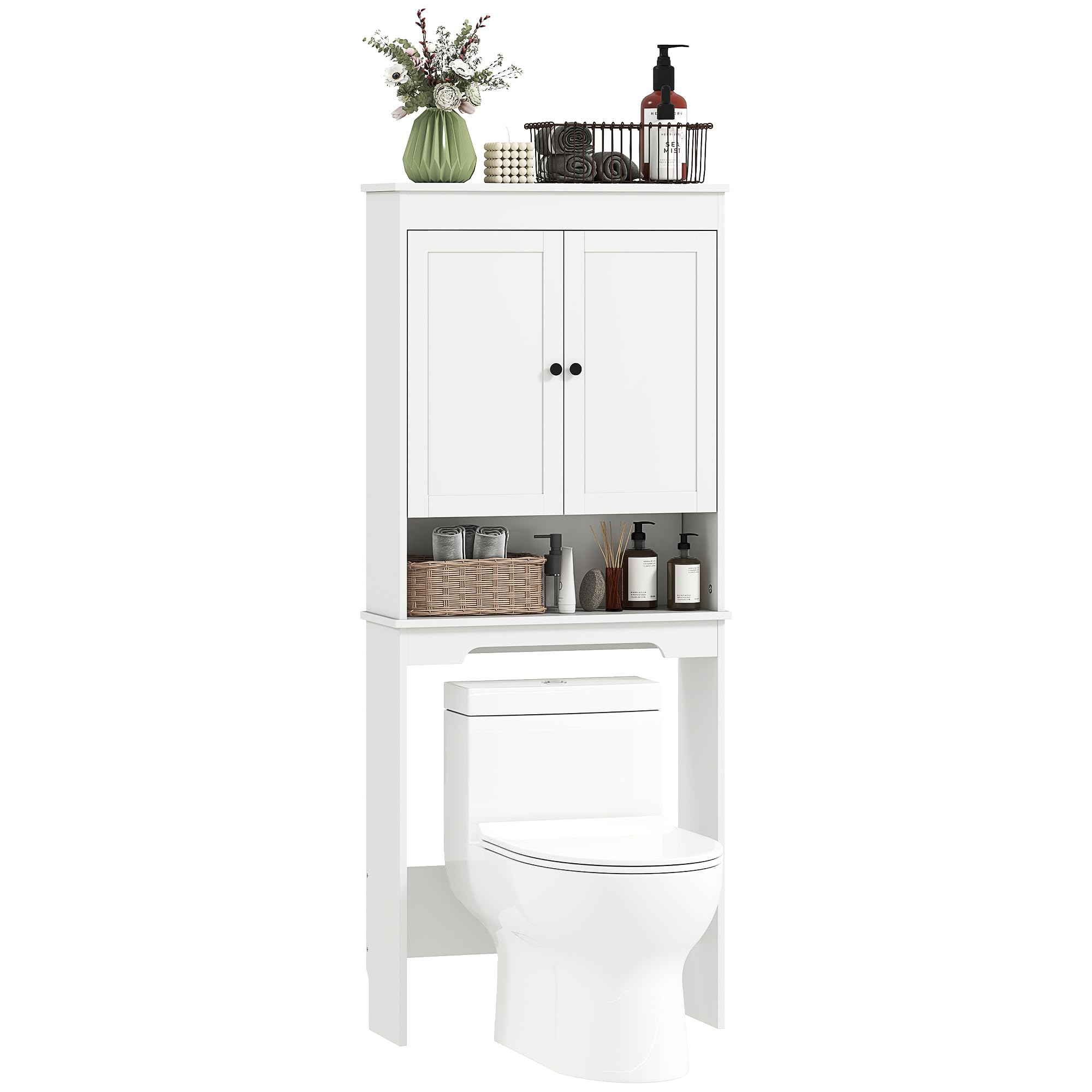 HOMCOM Mobile Sopra WC con 2 Mensole Chiuse, Ripiano Aperto e Soft Close, Mobile Contenitore Salvaspazio in Legno, Scaffale Sopra WC, 65x22x161 cm, Bianco