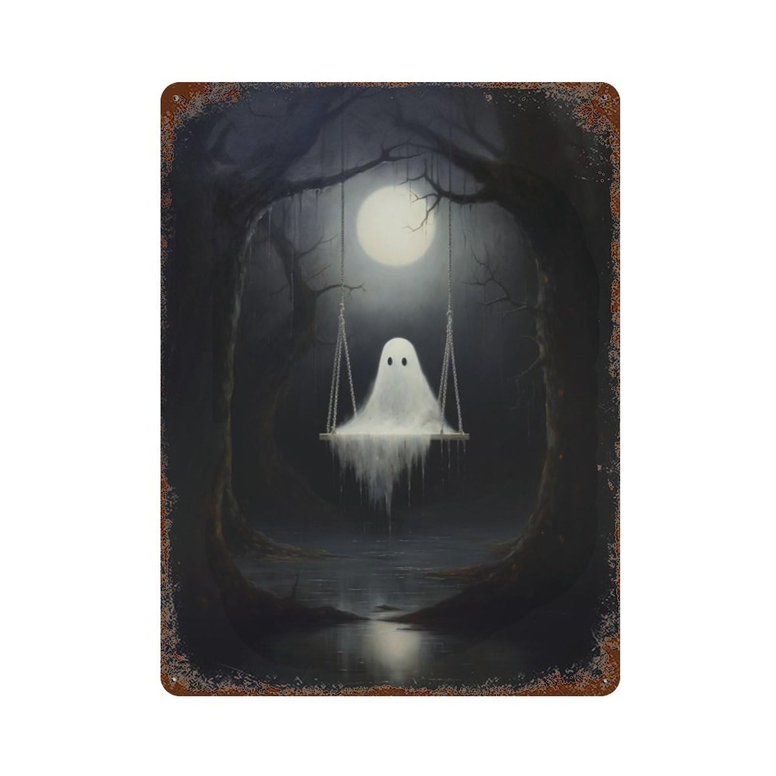 Ghostly Swing in Moonlight 15.7"x11.8" Retro Metal Sign, Vintage Wall Decor for Office, Studio And Wall Decor