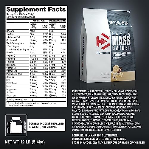 Dymatize Super Mass Gainer Protein Powder, 1280 Calories & 52g Protein, 10.7g BCAAs, Mixes Easily, Tastes Delicious, Gourmet Vanilla, 12 lbs 5 Dymatize Super Mass Gainer Protein Powder, 1280 Calories & 52g Protein, 10.7g BCAAs, Mixes Easily, Tastes Delicious, Gourmet Vanilla, 12 lbs