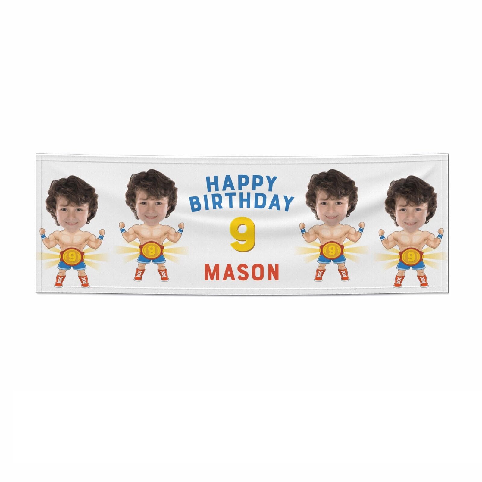 Boys Personalised Photo Face Wrestler Birthday Banner 5.85ft x 1.95ft Custom Name Age Two Photos Paper Party Backdrop Indoor Decor
