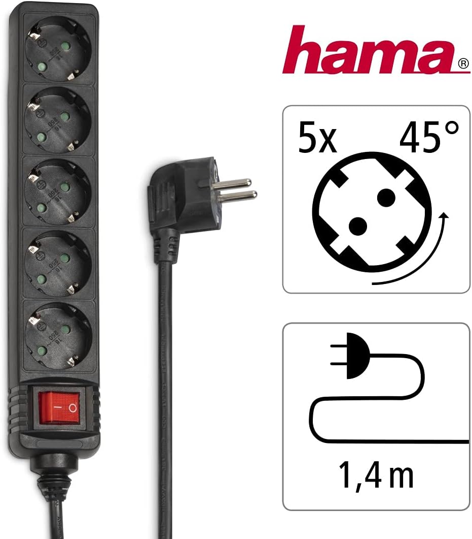 Hama Power strip 5-way (multiple power strip 1.4 m, incl. switch, increased touch protection, sockets rotated 45 degrees, power strip GS tested) black