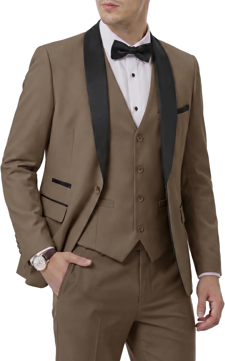 MrSure Men’s 3 Piece Slim Fit Suit, One Button Shawl Lapel Tuxedo, Premium Dinner Jacket Vest Pants & Tie Set