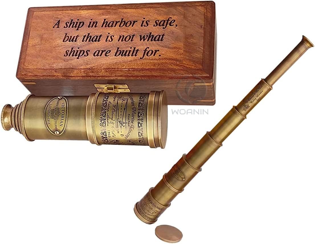 1915 London Brass Maritime 15x Vintage Pirate Spyglass Telescope- Functional Brass & Clear Vision Pirate Telescope - Wonderful Gift for Nautical Décor Lovers (15") (Personalized)