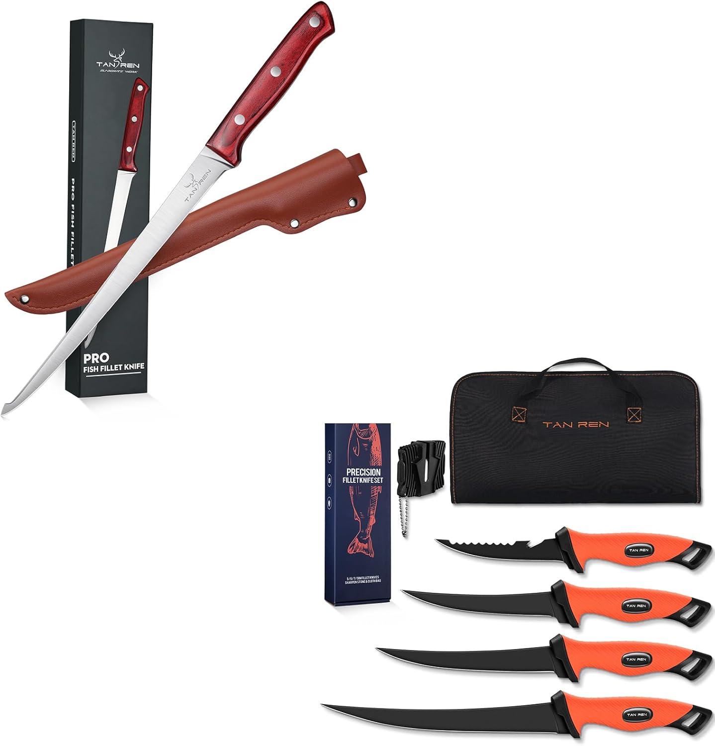 TAN REN 9 Inch Fishing Knife with Sheath and Fish Filet Knife Set – 5 PCS Stainless Steel Bait & Fillet Knives with Sharpener and Storage Bag