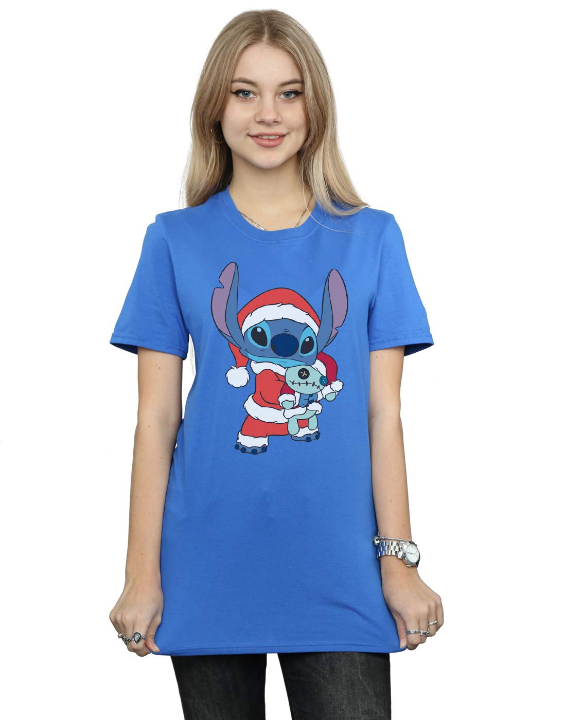 Absolute Cult Women's Royal Blue Disney Lilo And Stitch Stitch Christmas Boyfriend Fit T-Shirt Medium