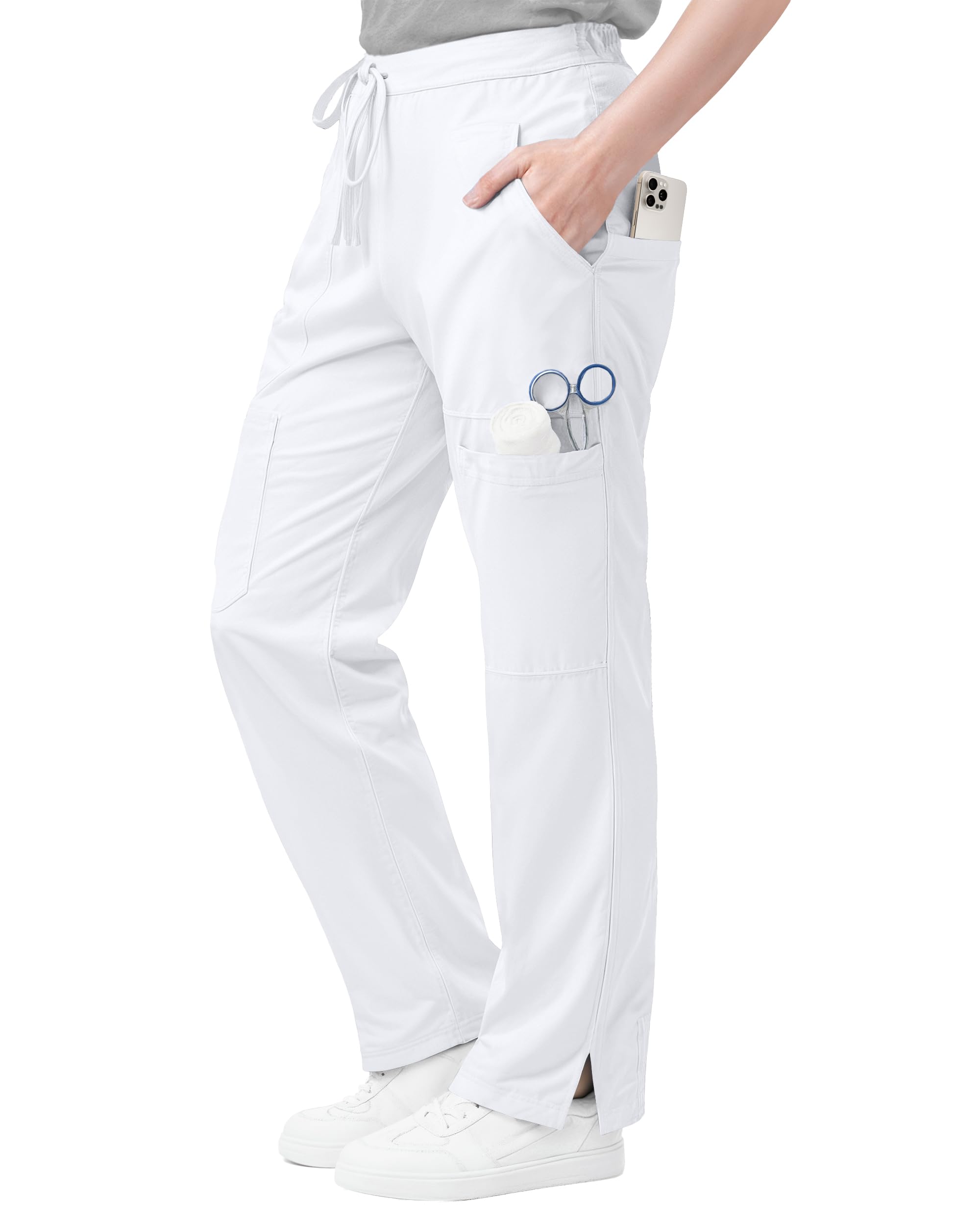 ny threads scrub pants for women relaxed fit, mid rise 5 pockets drawstring womens scrub pants, 31 inch inseam, medium, white