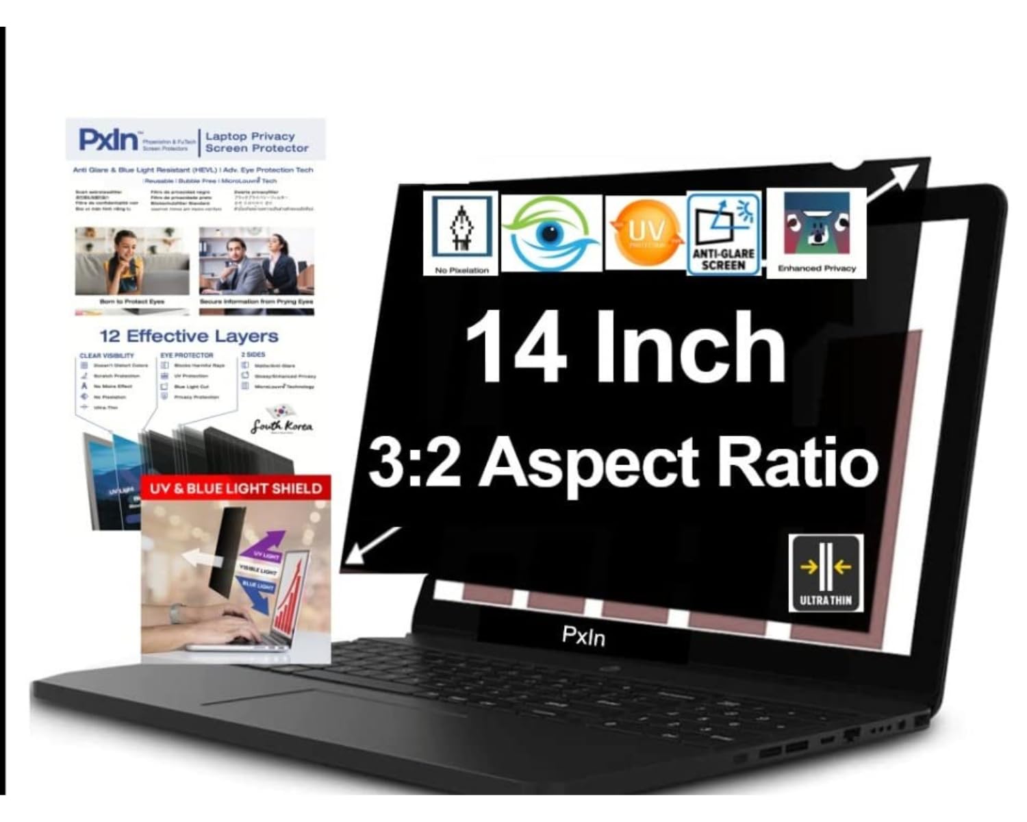 PxIn 14 Inch 3:2 Aspect ratio Privacy Screen Filter - NO Eye Strain | Anti Blue Light + Anti Glare | No Dry Eyes | Privacy Screen Protector (B0BM84JMZF) Amazon Price History, Amazon Price Tracker