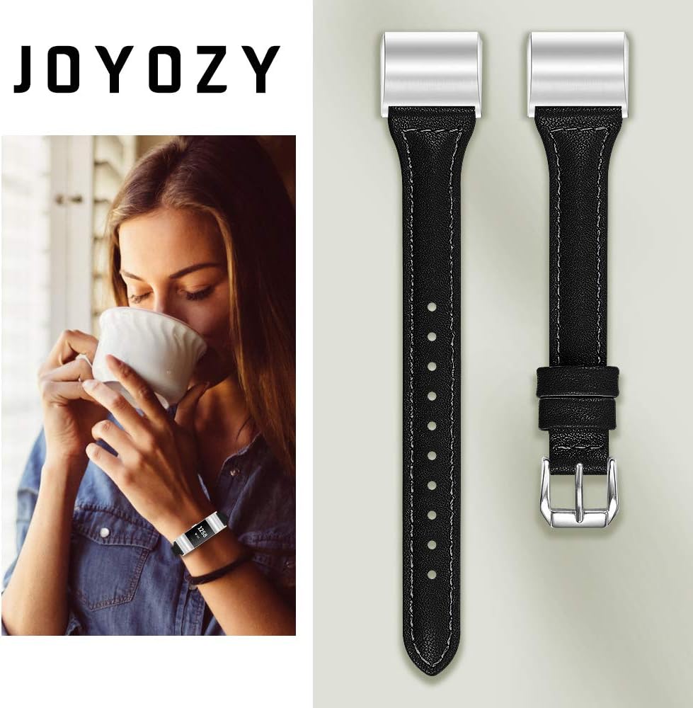 JOYOZY Leather Band Compatible with Fitbit Charge 2 Replacement Bands,Slim Classic Genuine Leather Wristband Fitness Strap Women Men