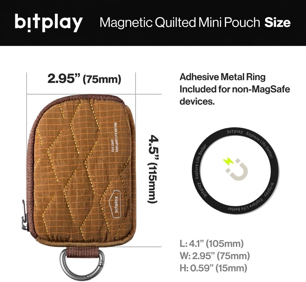 bitplay Magnetic Quilted Mini Pouch, Magsafe Compatible Phone Pouch, Everyday Carry Card Holder with Key Slot, Adhesive Metal Ring Included, Green
