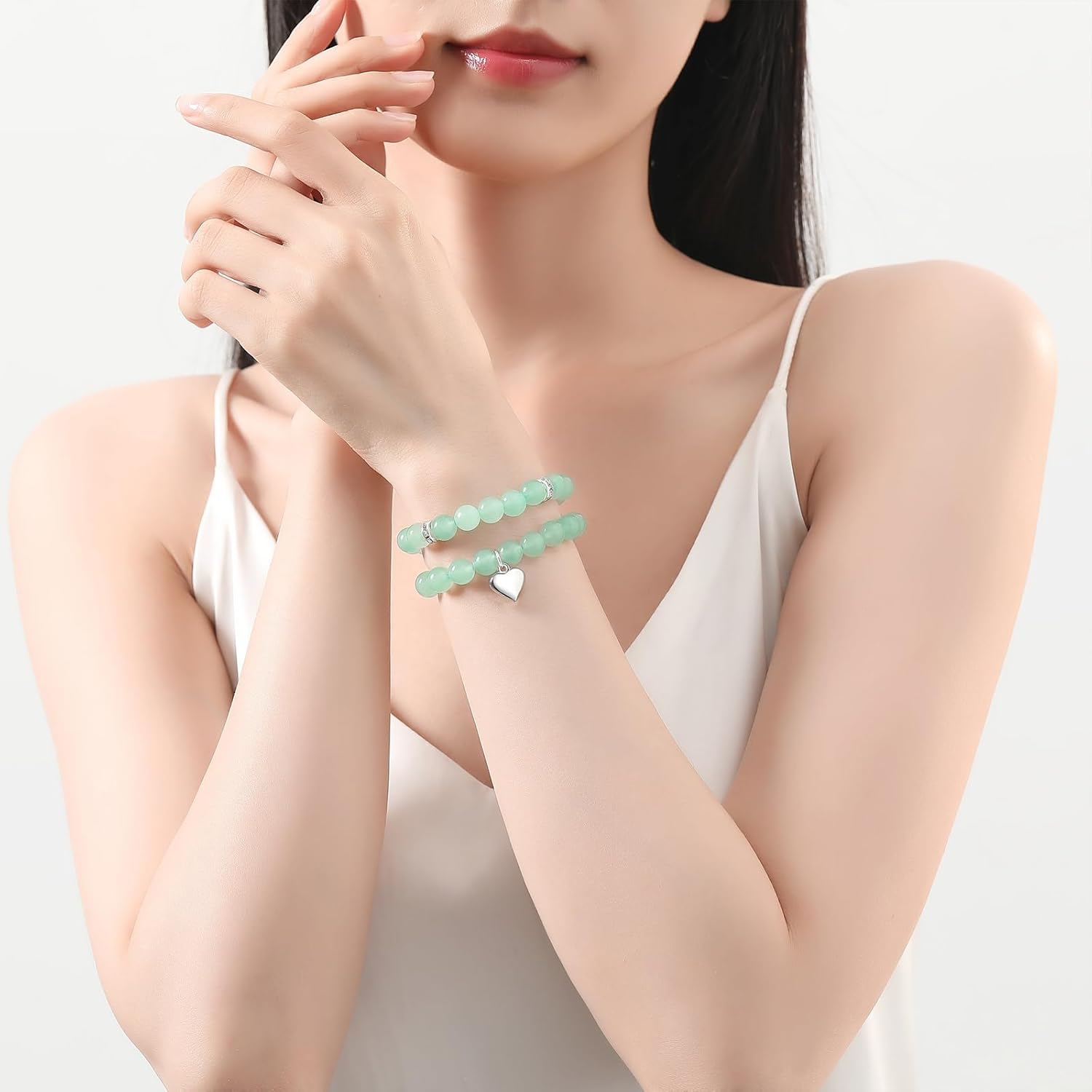 DUQGUHO Heart Bracelet for Women Healing Crystals Bracelets 8mm Love Charm Bracelet for Women Natural Stone Stretch Beads Bracelet Gifts for Women 2Pcs - Image 2