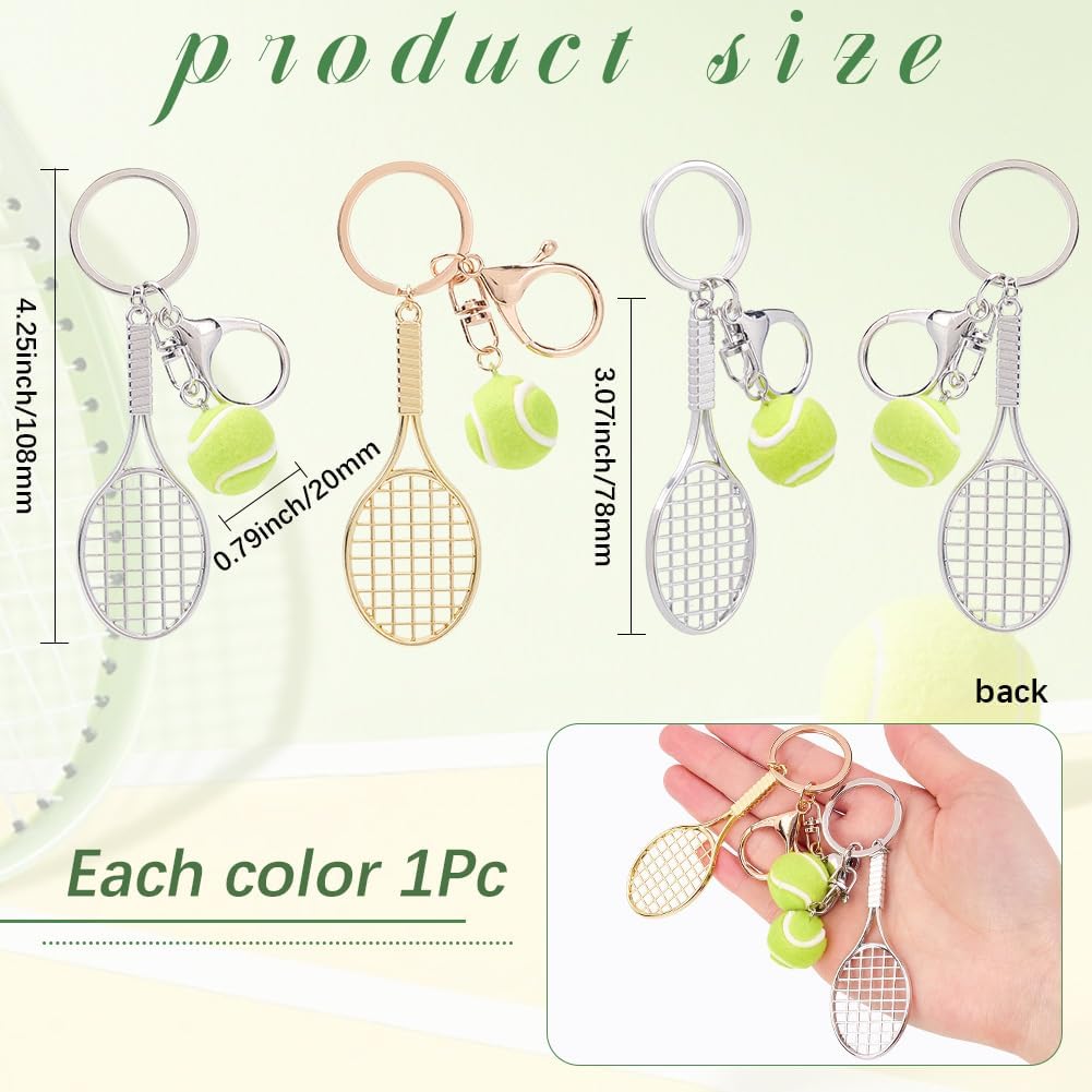 1 Box 2Pcs Tennis Bag Charm Mini Tennis Ball Keychain Sports Fan Key Chains Alloy Gold Silver Racket Hanging Metal Pendants Keyrings Charms for Purse Men Backpack Bag Lanyards Decorations