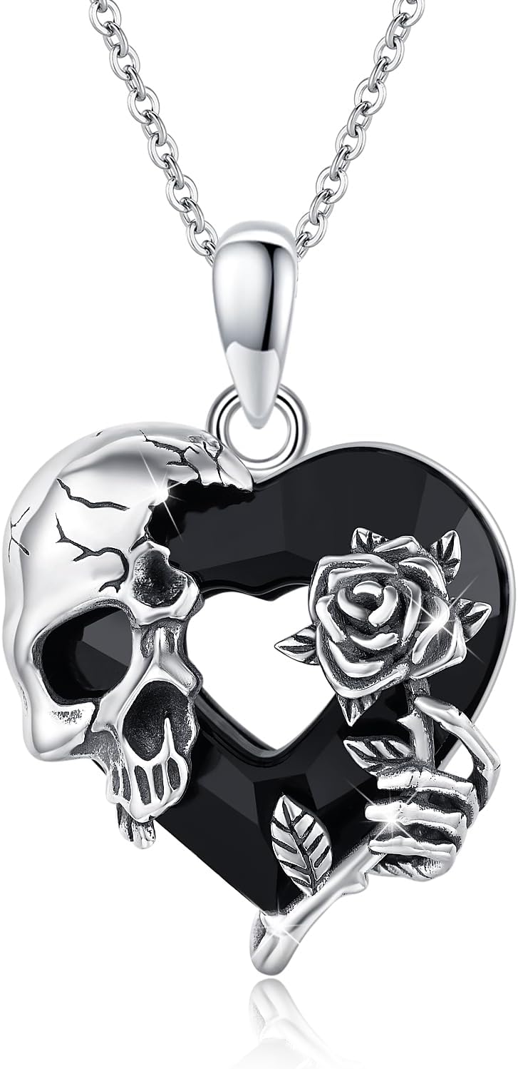 S925 Sterling Silver Skull Pendant Necklace Heart Crystal Birthstone Skull Necklace Gothic Jewlery Gifts