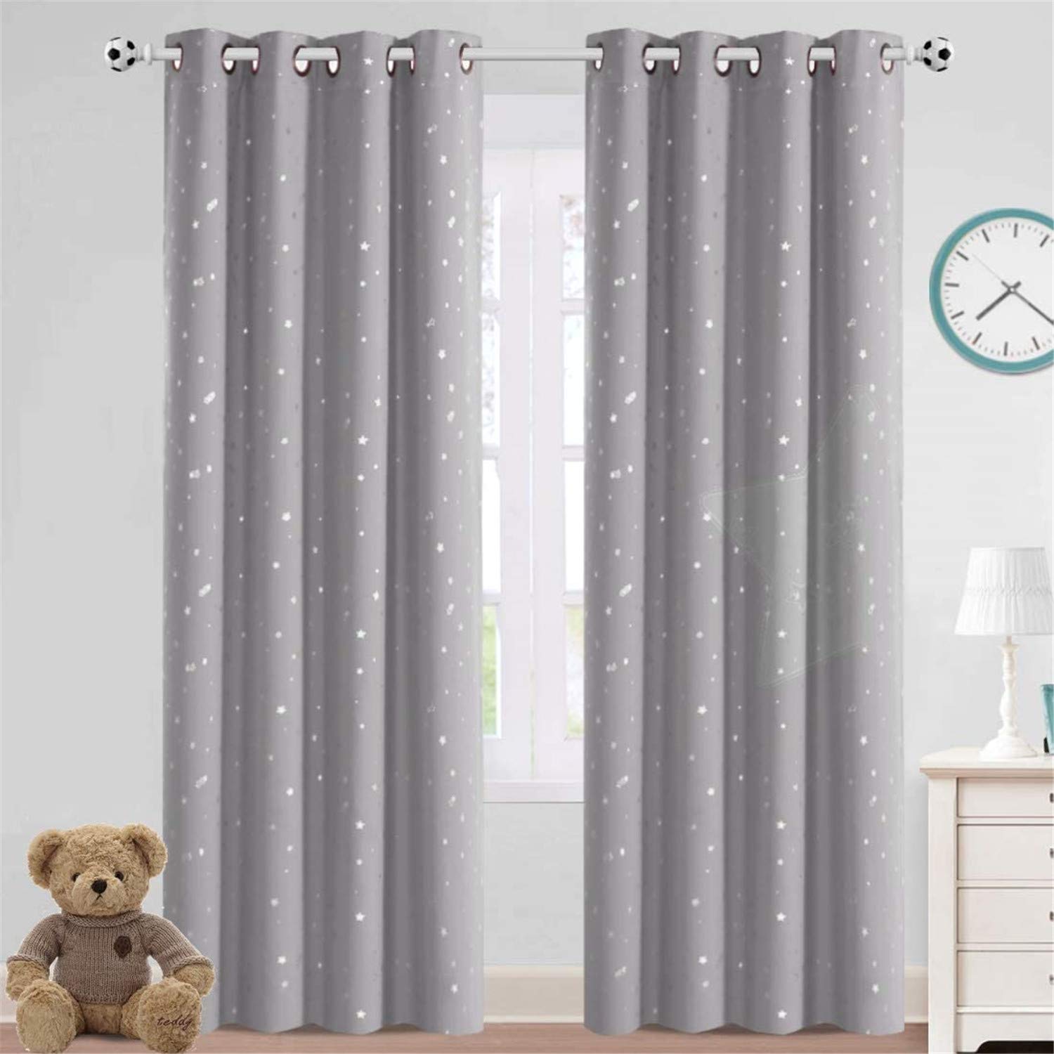 Blackout Star Curtains for Kids Room Boys Girls Twinkle Silver Stars Thermal Insulated Cute Thick Grommet Curtain for Nursery Home Decoration Window Drapes 2 Panels Set (Grey/Silver,2 x 52"Wx84"L)