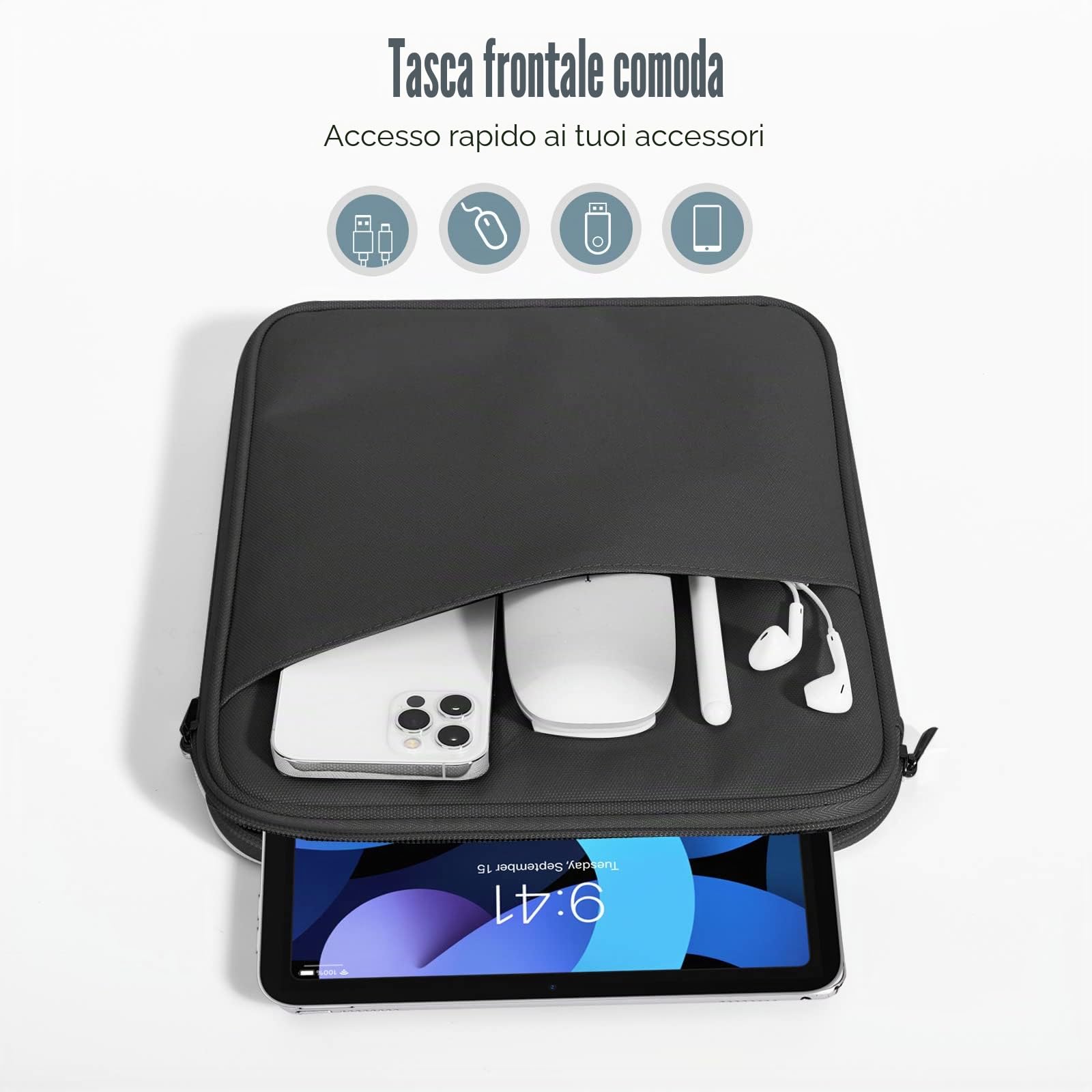 TiMOVO 9-11" Custodia per Tablet, Compatibile con iPad 11" A16 2025, iPad 10,9"/10,2"| Air 11", Galaxy Tab A9+ / A11 Plus 11", Borsa Protettiva con Tasche, Nero