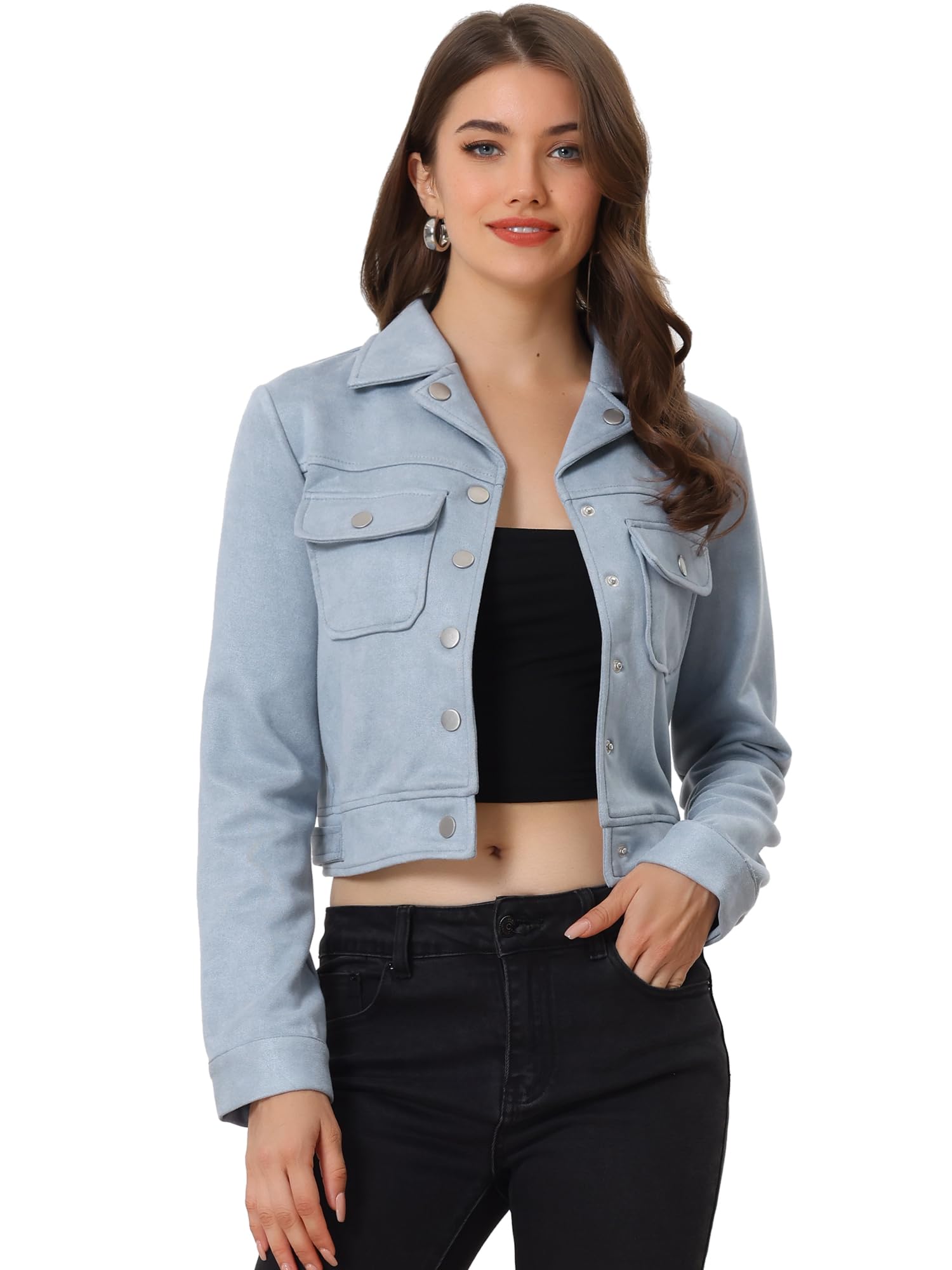 Allegra K Women's Faux Suede Jacket Button Down Collar Crop Outerwear