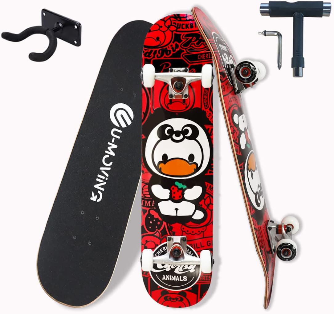 U-Moving Skateboards for Beginner Adults Youths Teens Kids Girls Boys 31"x 8" Skate Boards Canadian Maple Double Kick Concave Complete Standard and Trick Skateboard with T-Tools Backpack & Wall Mount