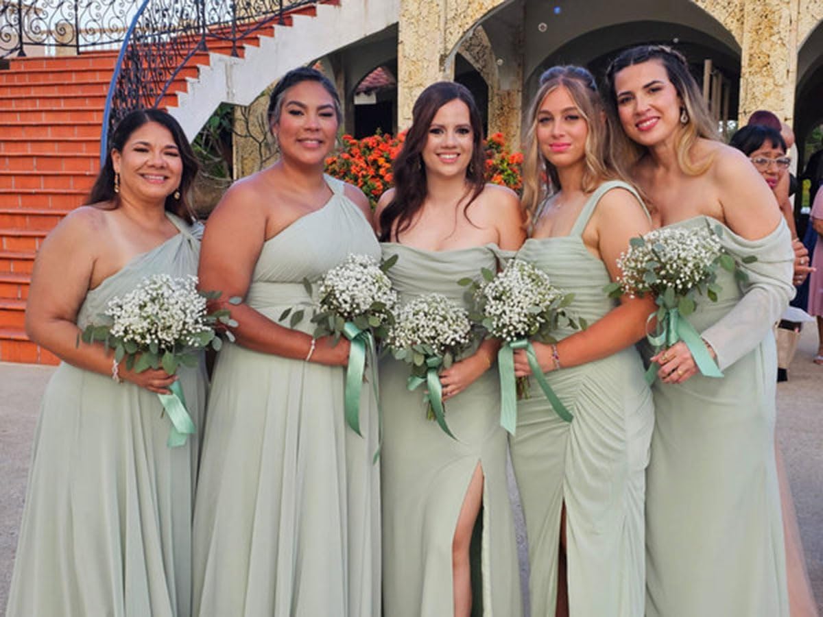 Off Shoulder Bridesmaid Dresses for Women 2026 Chiffon Mermaid Pleated Formal Evening Party Gowns with Slit - Image 4