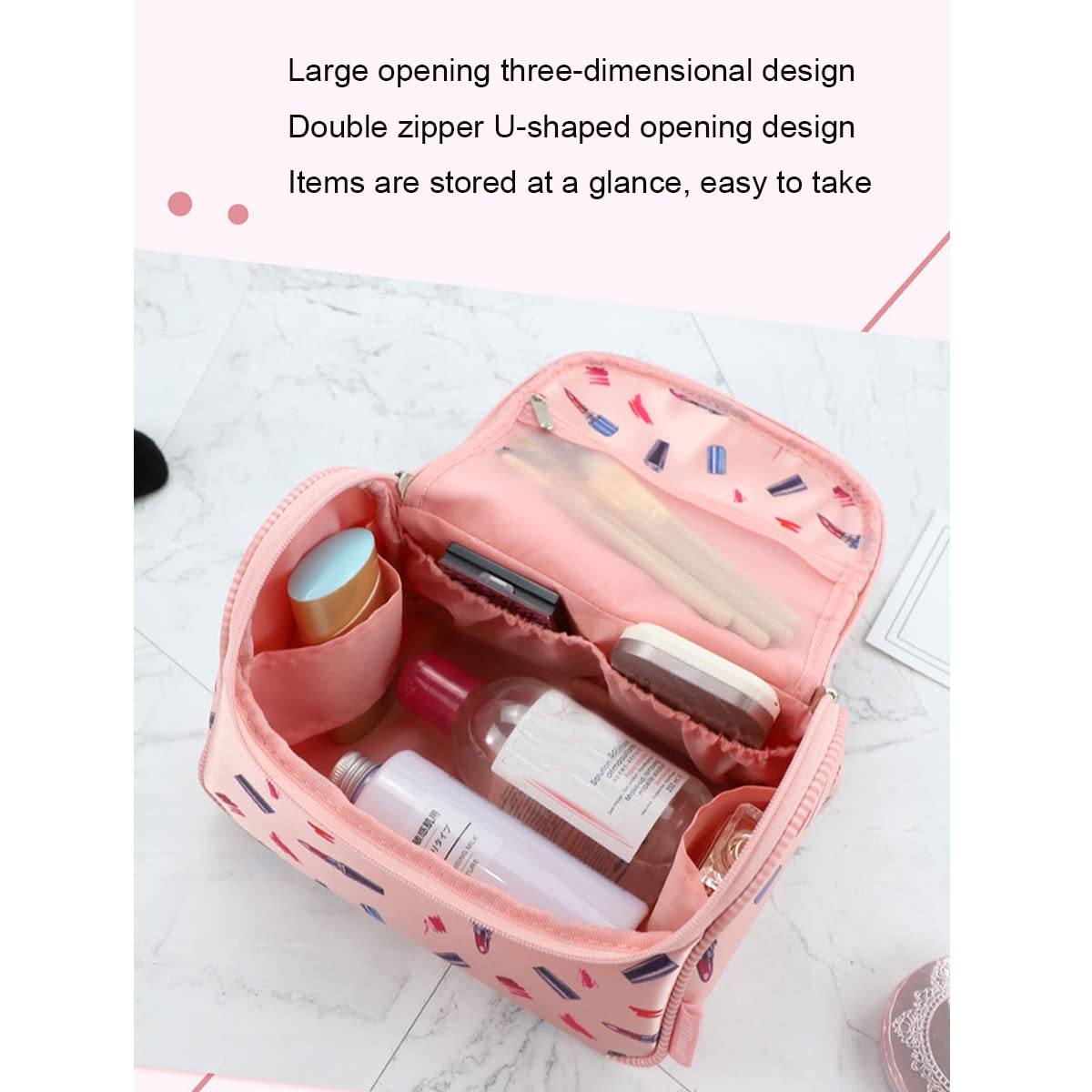 Borsa Cosmetica da Viaggio Portatile Borsa per Il Trucco Impermeabile con Tasca Portaoggetti, Custodia per Articoli da Toeletta con Manico per Donne, Ragazze,Rosa