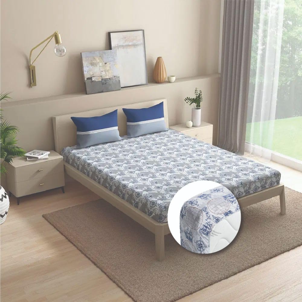 Wakefit Cotton Printed Fitted Bedsheet | 200 TC Elastic Fitted Sheet, King Bed Bedsheet with 2 Pillow Covers | Nautical - 72X72 Inches,Multicolor