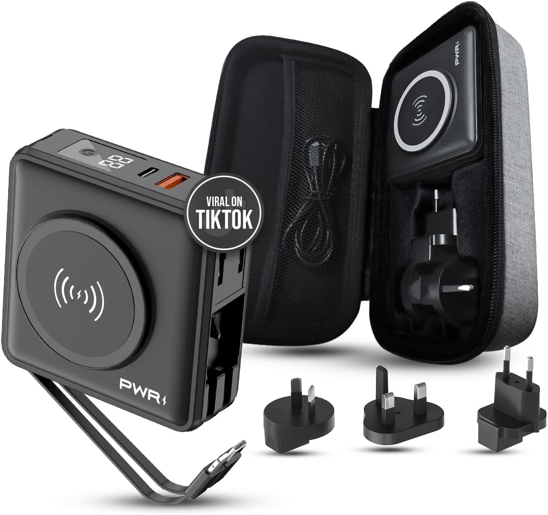 PWRMobile PWR Travel PRO 5-in-1 Power Bank with Case Included– 10,000mAh with Built-in Cables – 20W USB-C + 15W Wireless Charging – Compact Portable Charger for iPhone & Android- Black