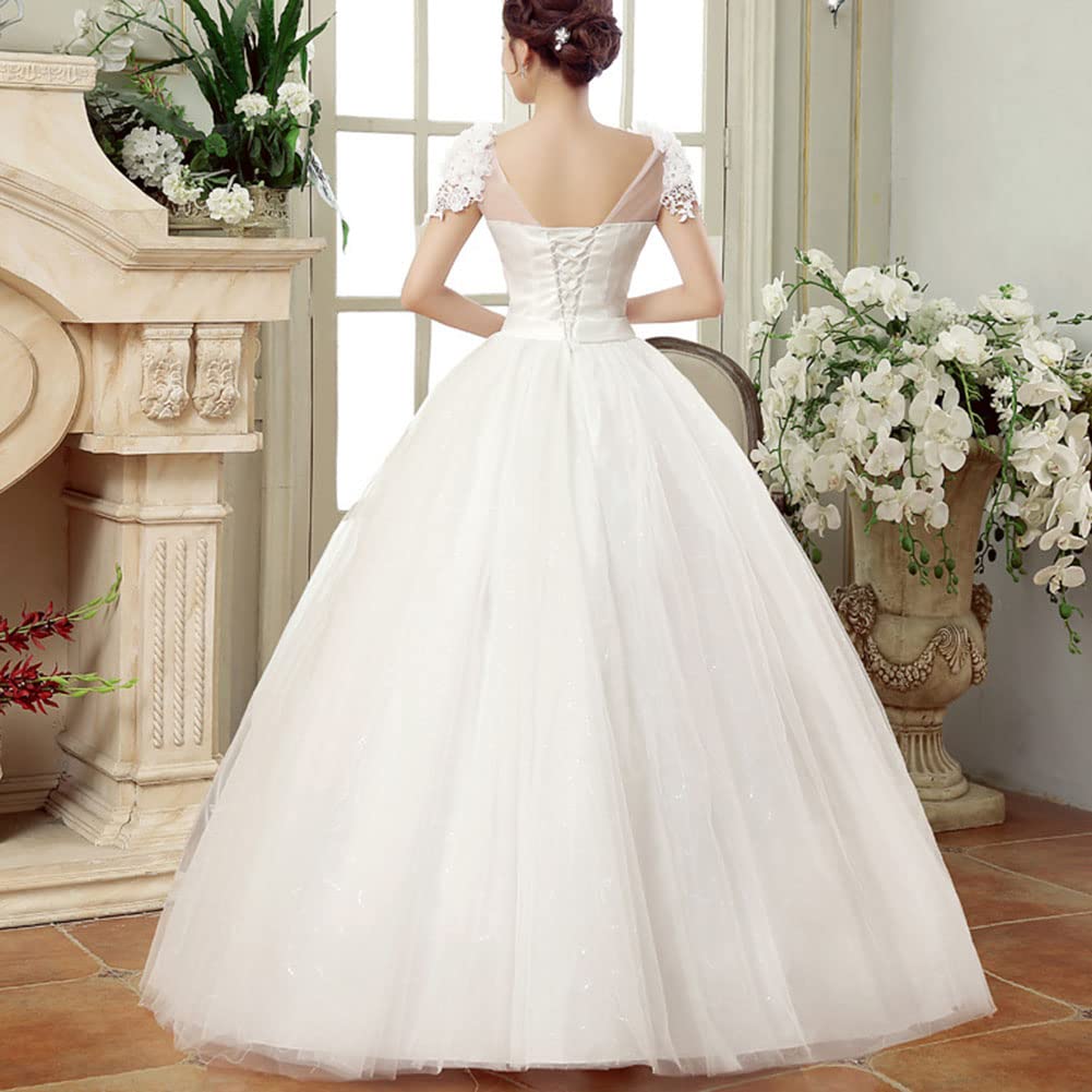 GUOCU Robe de Mariée Femme Asymétrique Dentelle Longue A Line Taille Empire Élégante Tulle Robe de Mariage en Double V-Col Et Manches Courtes