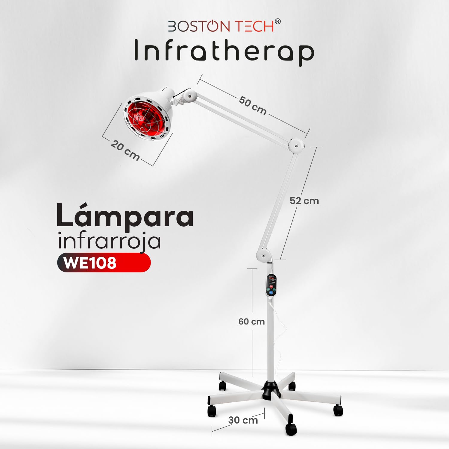 Boston Tech Lámpara Infrarroja WE108 275 W, Lámpara de Calor para Termoterapia y Fisioterapia, Base de 5 Patas con Ruedas, Mando, Temporizador, 3 Niveles y Accesorio de Mesa.