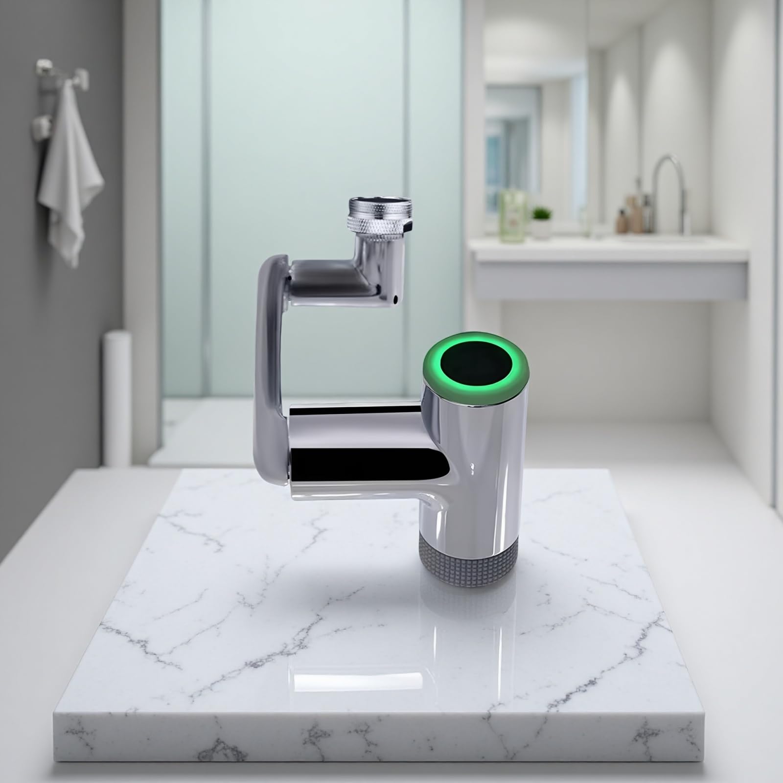 Armaturenaufsatz mit mechanischem Arm und Temperaturanzeige, beleuchteter Wasserhahn Verlängerer fürs Bad, robustes Metall, Chromoberfläche, einfache Montage, präzise Wasserführung