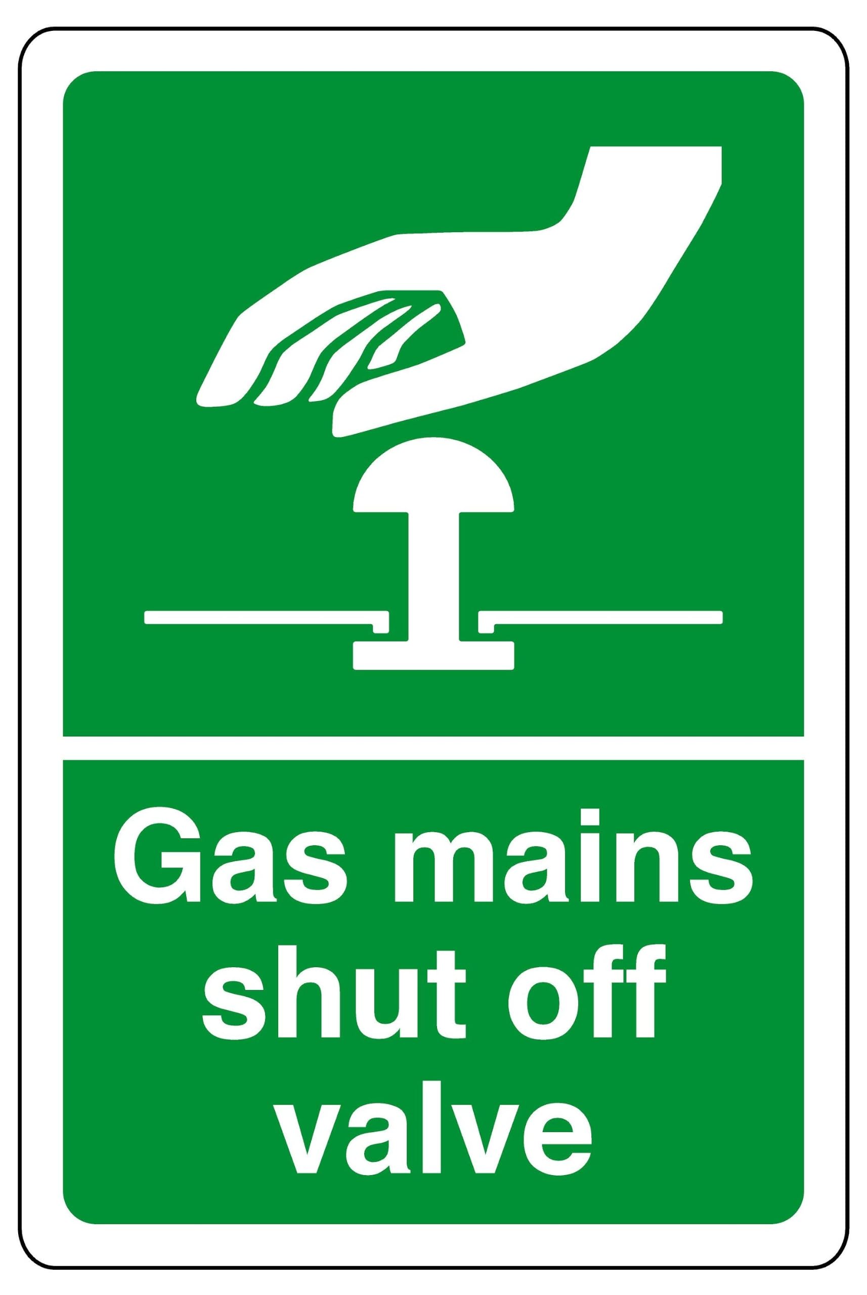 Gas mains shut off valve - safety sign - High tack self-adhesive sticker (400mm x 300mm) Viewing Distance within 14m.
