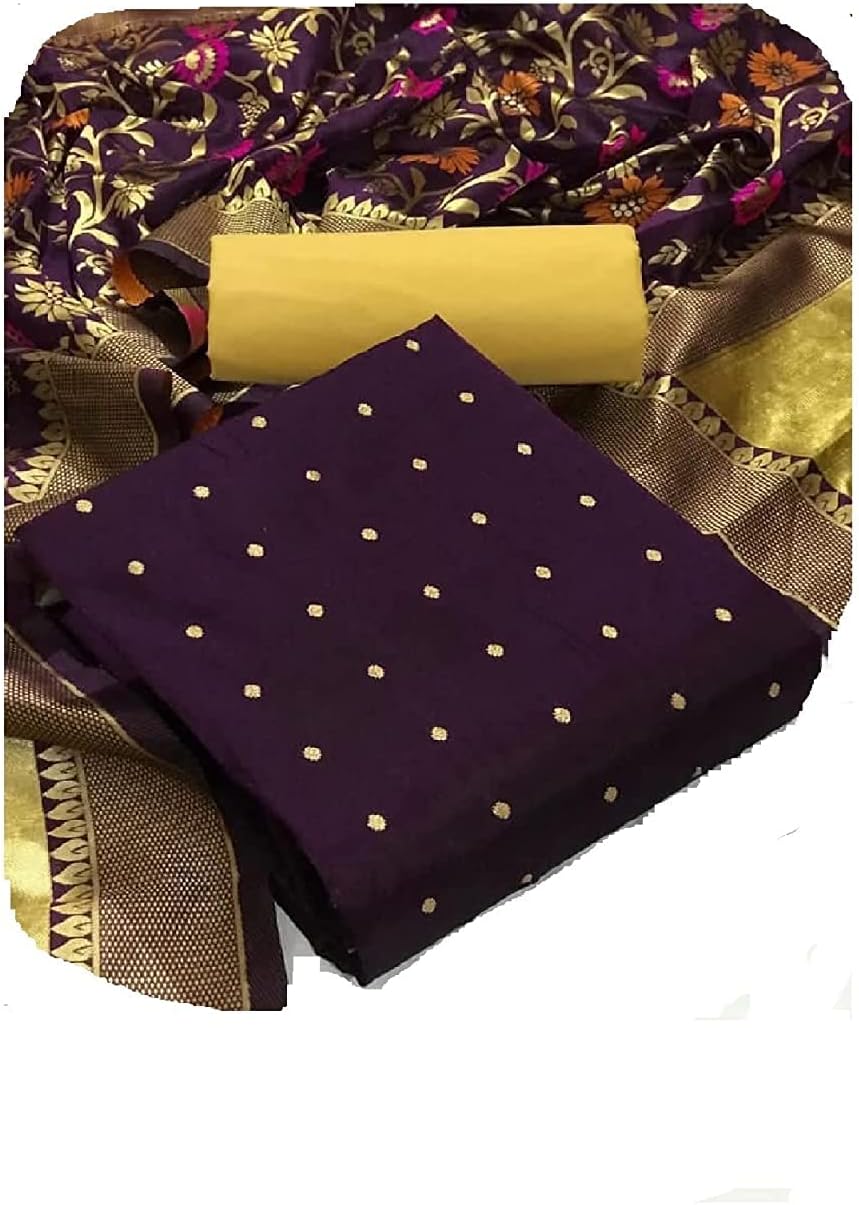 Women's Heavy Chanderi Cotton Embroidery Work Unstitched Salwar Suit Dress Material With Nazmin Work Dupatta (Free Size)