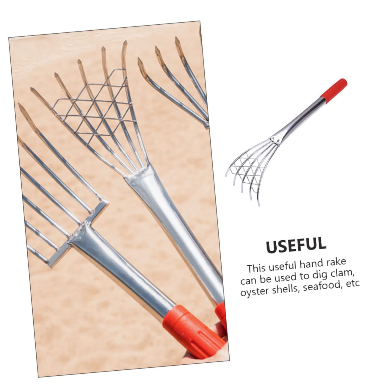 VICASKY Rastrello in Acciaio Inossidabile per Vongole con Manico, Attrezzo Affidabile per Scavare Spiaggia, Utensile Ergonomico per Molluschi e Conchiglie
