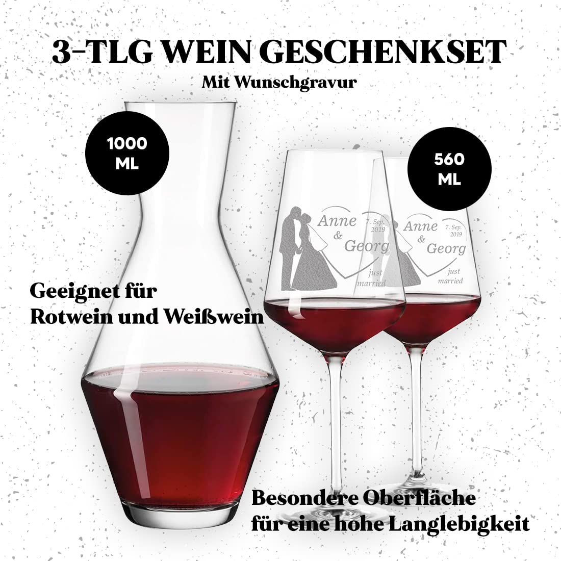 polar-effekt Set di 3 bicchieri da vino rosso e caraffa da vino personalizzati con incisione, regalo per matrimonio, bicchiere da vino per coppie di nozze, motivo coppia di sposi