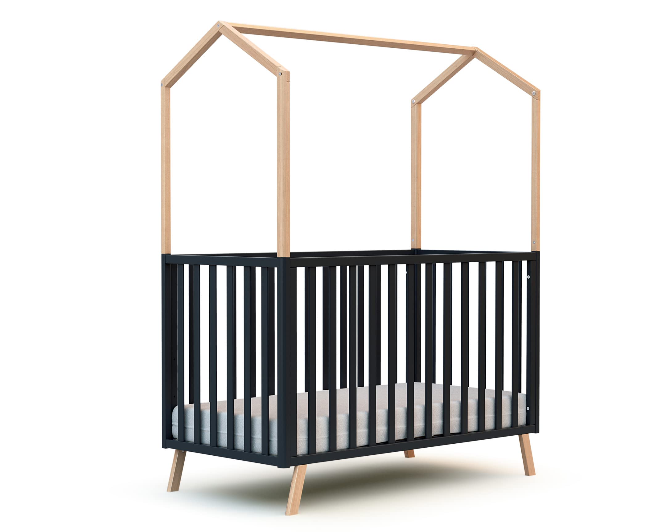 AT4 - Cuna bebé casita evolutiva CONFORT madera - Haya Barnizada/Gris grafito - 60 x 120-125,50 x 64 x 158 cm