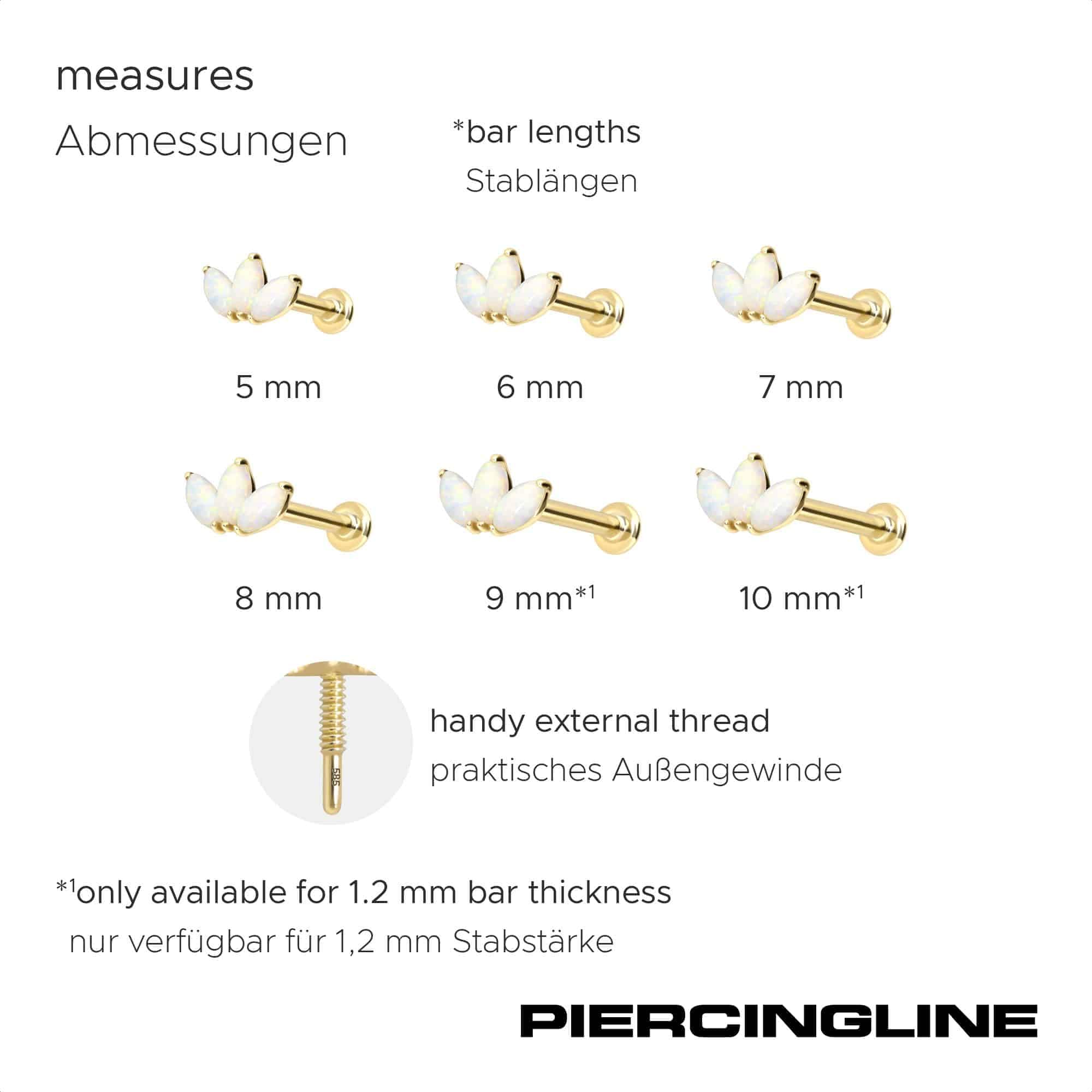 PIERCINGLINE Piercing Stecker 14 Gold Labret mit Innengewinde LOTUSBLÜTE + SYNTHETISCHE OPALE 585er Gold - Roségoldfarben, Goldfarben, Silberfarben