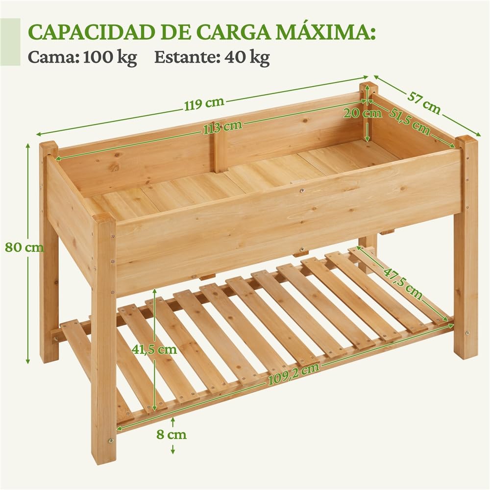 Yaheetech Huerto Urbano 2 Pisos con Estantes Jardinera Elevada de Madera Abeto Mesa de Cultivo para Plantas Flores Balcón Jardín 119x80x57cm