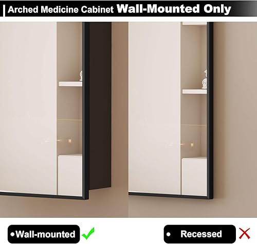 Miniatura 5 de Botiquín arqueado negro con espejo, 16 x 31 pulgadas, baño, estilo moderno, 3 estantes de vidrio, montaje en pared