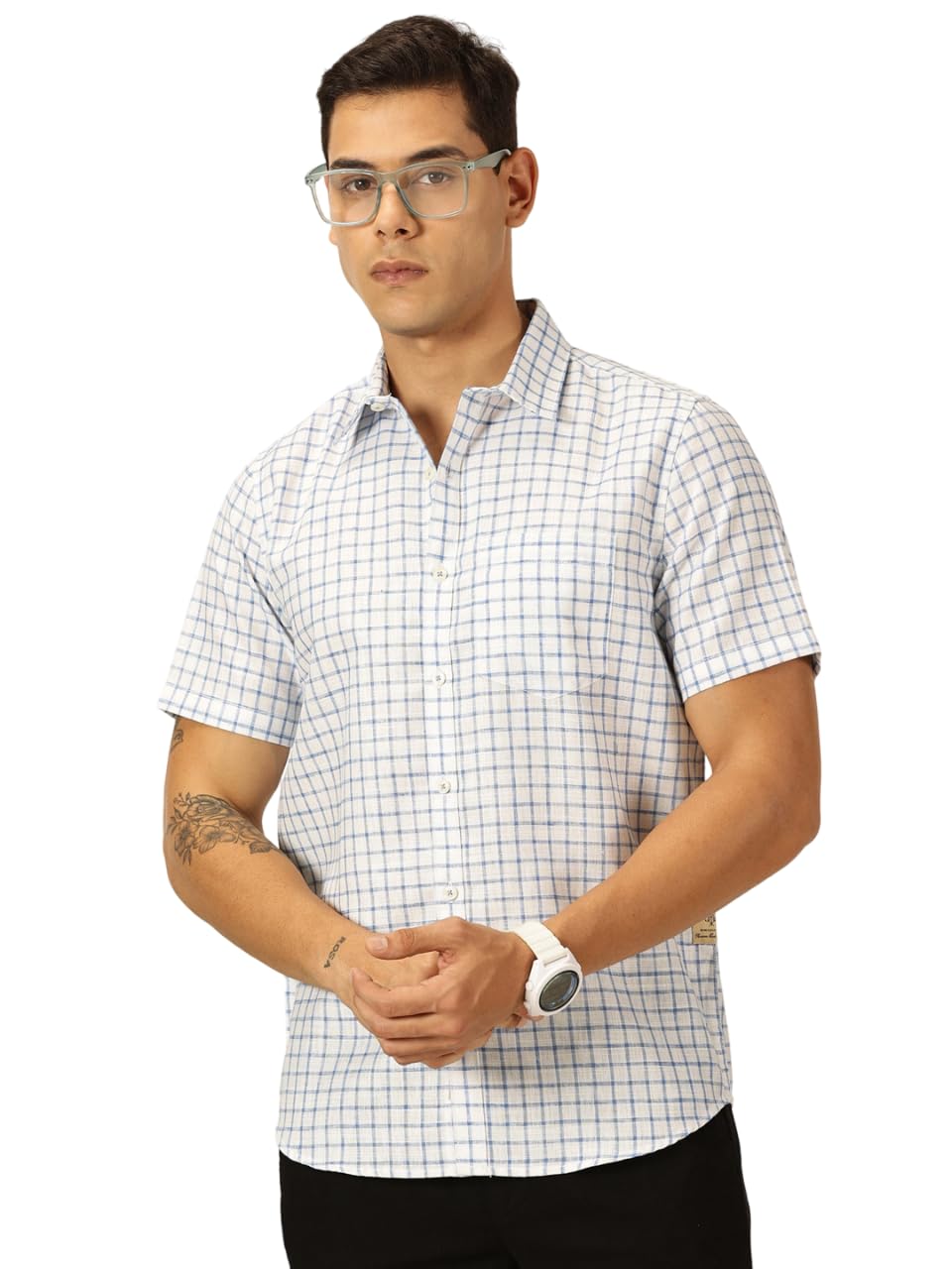 Thomas Scott Men’s | Checks | Half Sleeve | Slim Fit | Linen Blend | Spread Collar | Casual Shirt