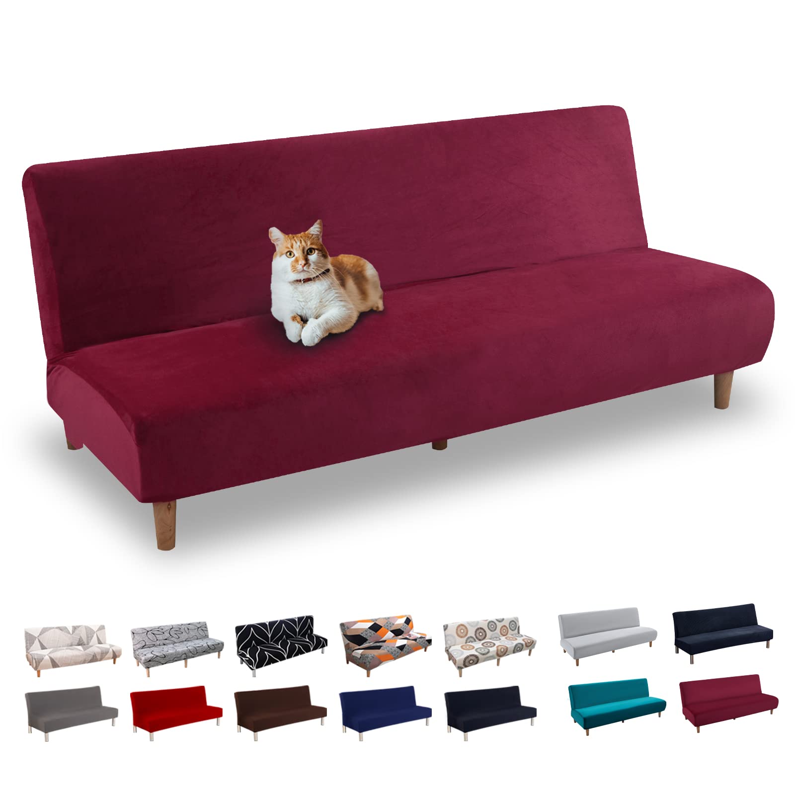 Lydevo Copridivano 3 Posti Senza Braccioli Elasticizzato Universale, Copridivano Letto Pieghevole Clic Clac Lavabile Rimovibile Estraibile, Fodera per Divano Futon per Soggiorno Casa,Samt Vino Rosso