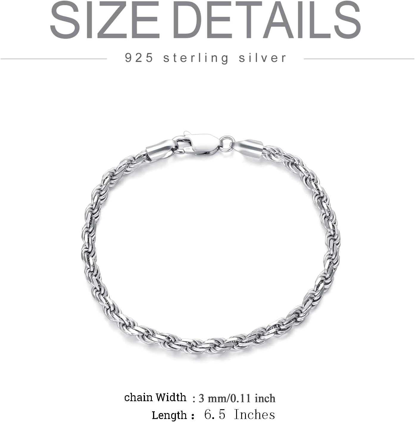 KXJ S925 Sterling Silver Italian 3mm Rope Chain Anklets Bracelet Diamond-Cut Bracelet Jewelry Gift for Women Men Christmas Birthday 6.5/7/8/9 Inch, Made in Italy