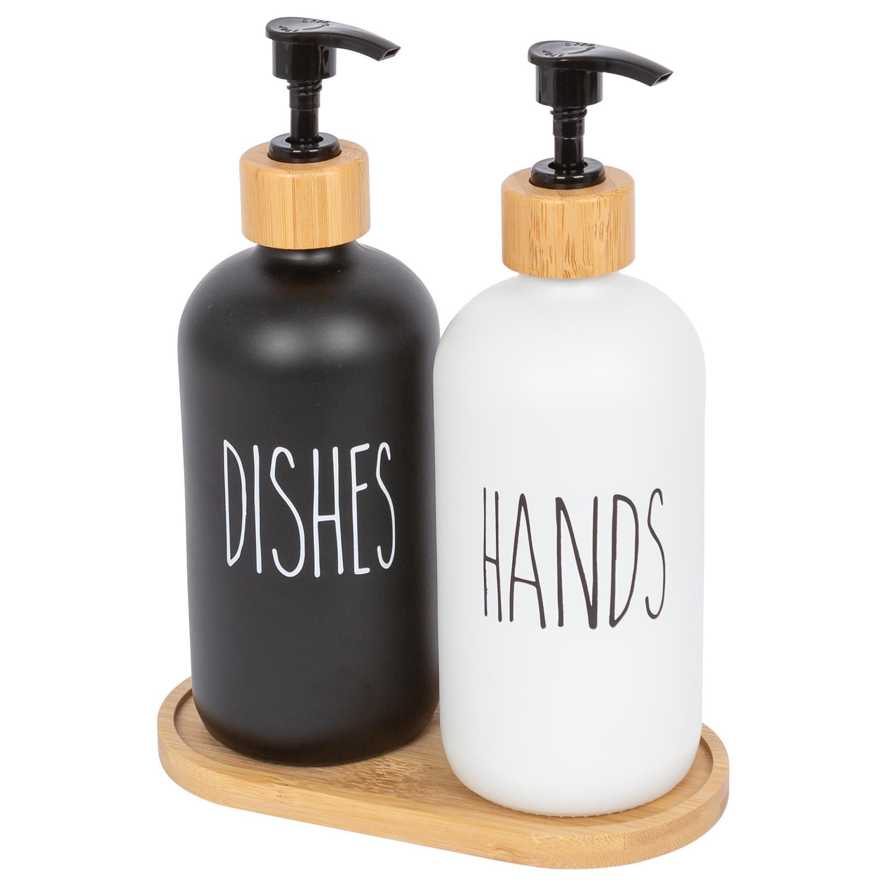 Harbour Housewares 2pc Glass Hand & Dish Soap Dispenser with Bamboo Tray - White/Black - 500ml Refillable Soap Dispensers Hand and Dish Liquid Pump for Bathroom, Kitchen, Laundry Room