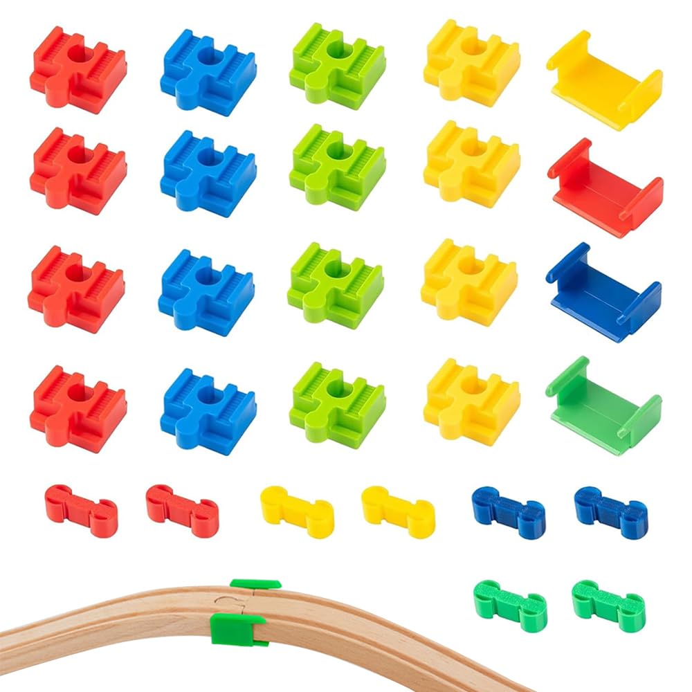 Train en Bois Enfant Accessoires de Rail en Plastique, 28 Pièces Adaptateurs De Pont Compatibles, Adaptateurs de Rails en Bois Universels, Convient pour Les Enfants Agés de 3 à 7 Ans