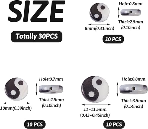 Miniatura 5 de Pandahall 30 cuentas de yin yang de concha natural blanca y negra de 0.315-0.453 in, planas, redondas, Tai Chi, conchas marinas, cuentas