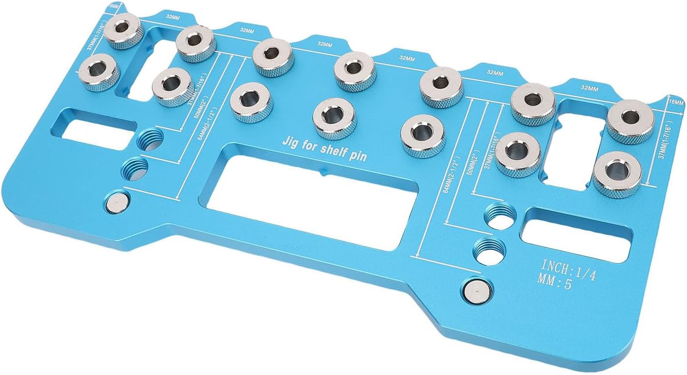 Eujgoov Shelf Pin Drilling Jig, Aluminum Alloy Adjustable Cabinet Handle Install Template with 5mm 6.2mm Drill Bits and Holder, for Woodworking Furniture Door Handle Drilling